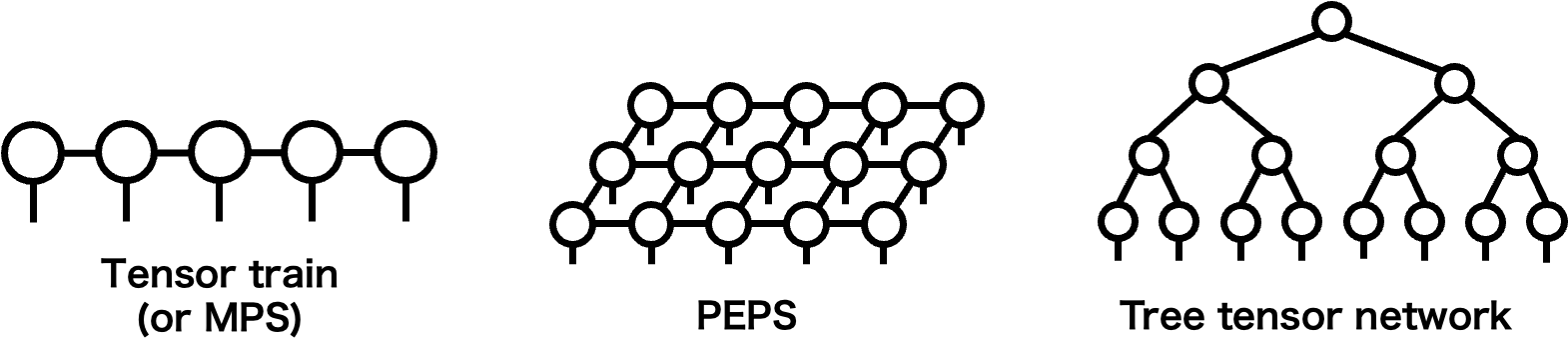 Tensor Train，PEPS，TTNなどのテンソルネットワークの例